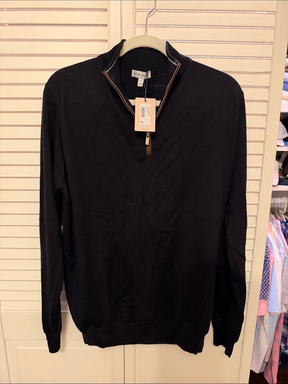 Peter Millar Cashmere Men's Black Zip-Up Sweater with Leather Pull